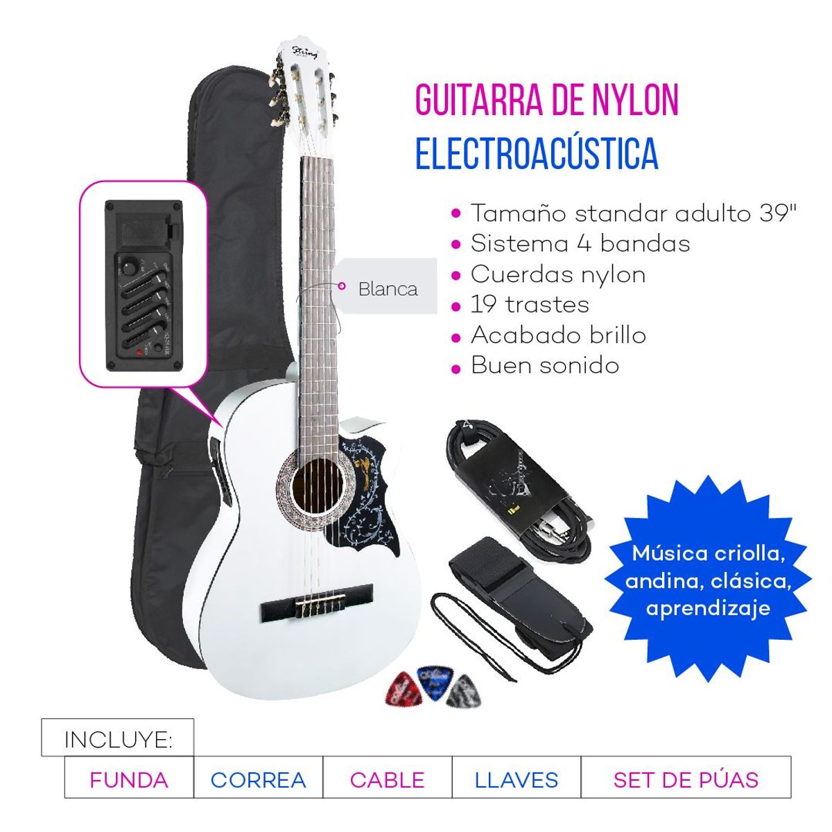 GENERICO - GUITARRA ELECTROACUSTICA NYLON BLANCA