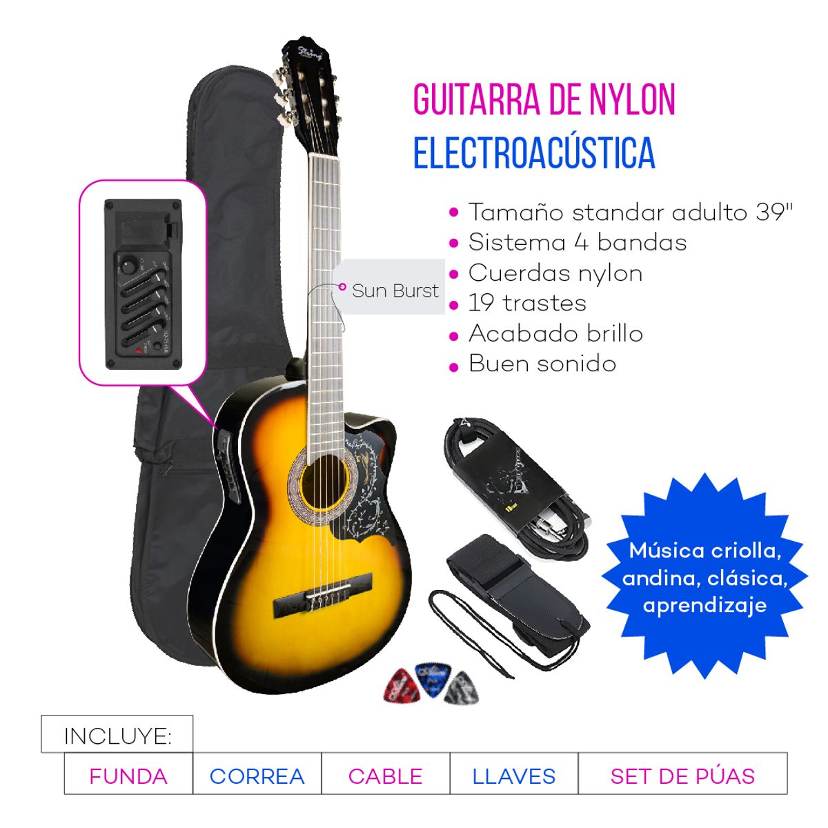 GENERICO - GUITARRA ELECTROACUSTICA NYLON SUNBURST
