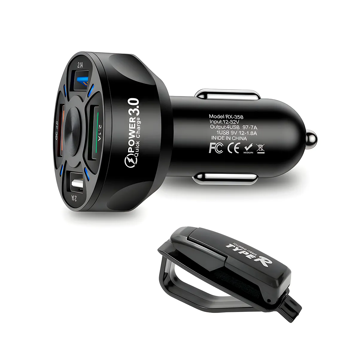 GENERICO - Cargador De Auto Usb 4 Puertos 18w Para Teléfono Sujetador de Lentes