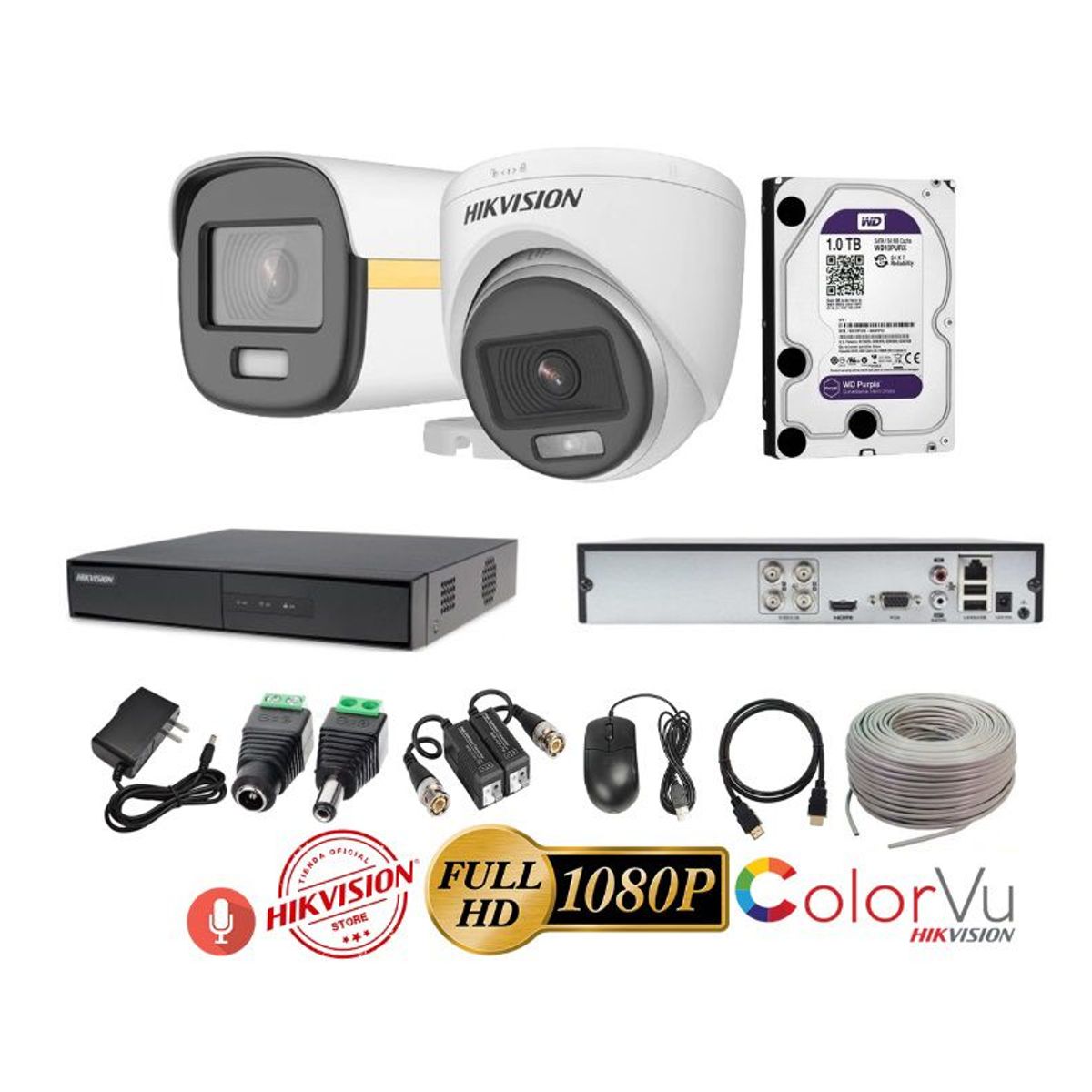 HIKVISION - kit 2 Cámaras Seguridad FULLHD Color VU con AUDIO Hikvision + 1TB + Cable