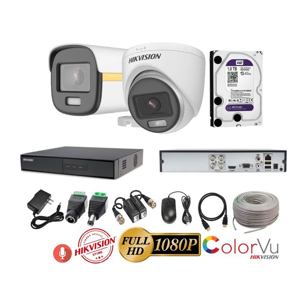 HIKVISION - kit 2 Cámaras Seguridad FULLHD Color VU con AUDIO Hikvision + 1TB + Cable