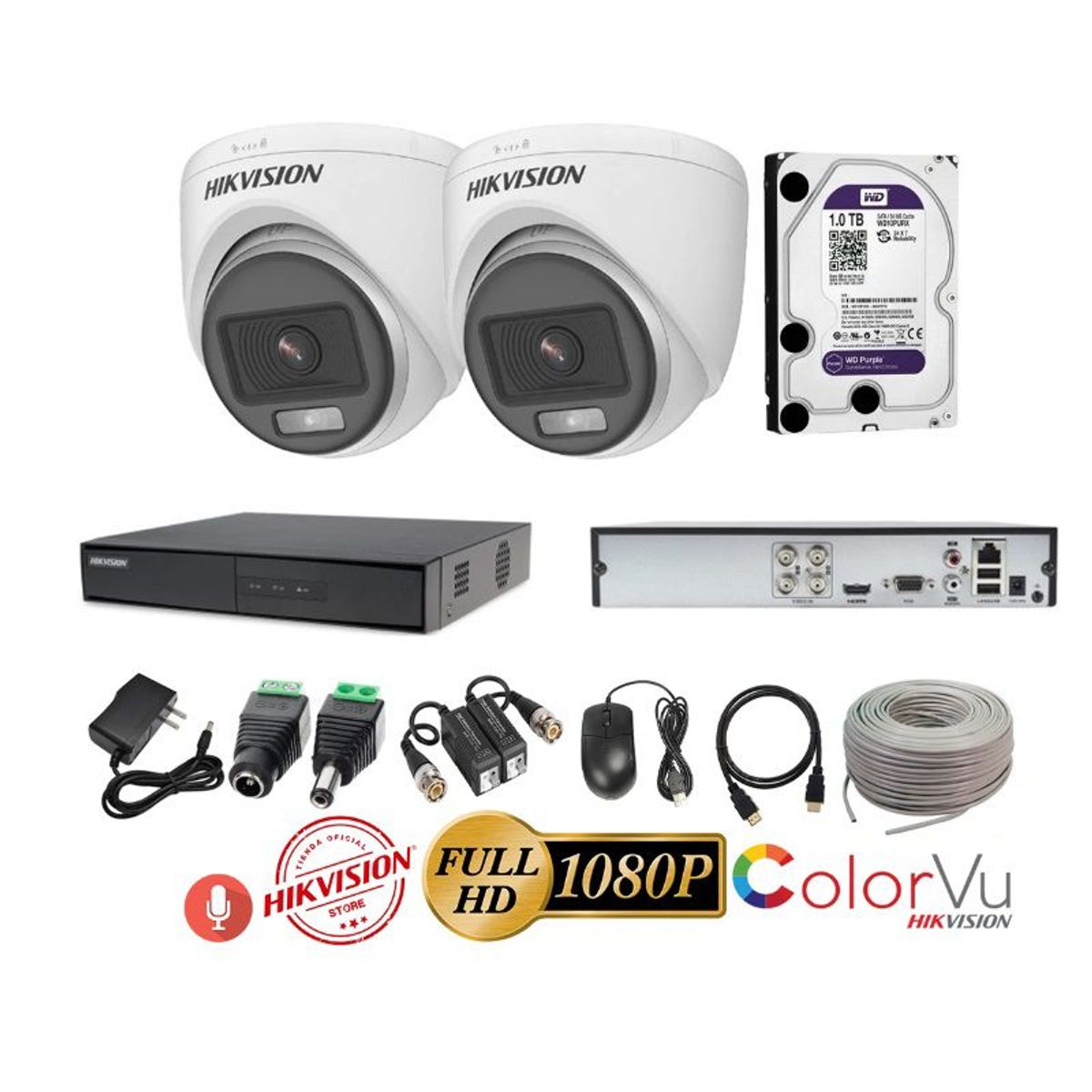 HIKVISION - kit 2 Cámaras Seguridad Domo FULLHD Color VU con AUDIO Hikvision + 1TB + Cable