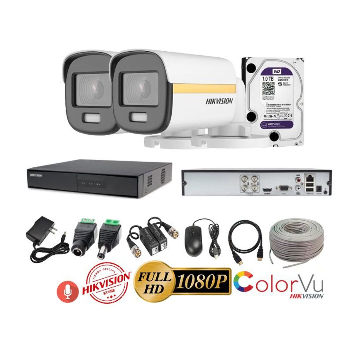 HIKVISION - kit 2 Cámaras Seguridad Tubo FULLHD Color VU con AUDIO Hikvision + 1TB + Cable