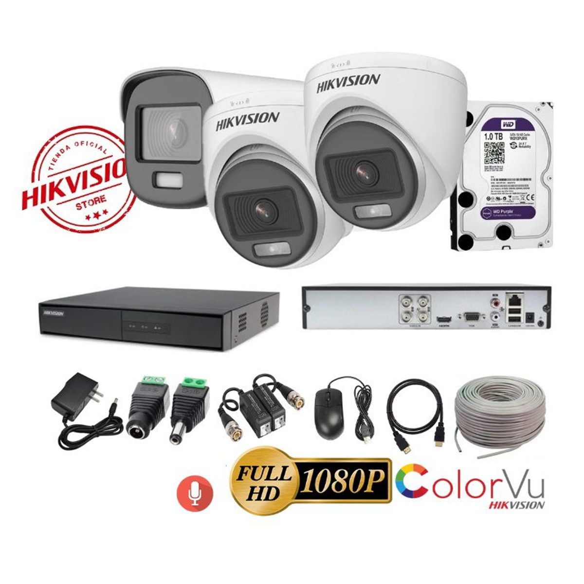HIKVISION - kit 3 Cámaras Seguridad FULLHD Color VU con AUDIO Hikvision + 1TB + Cable