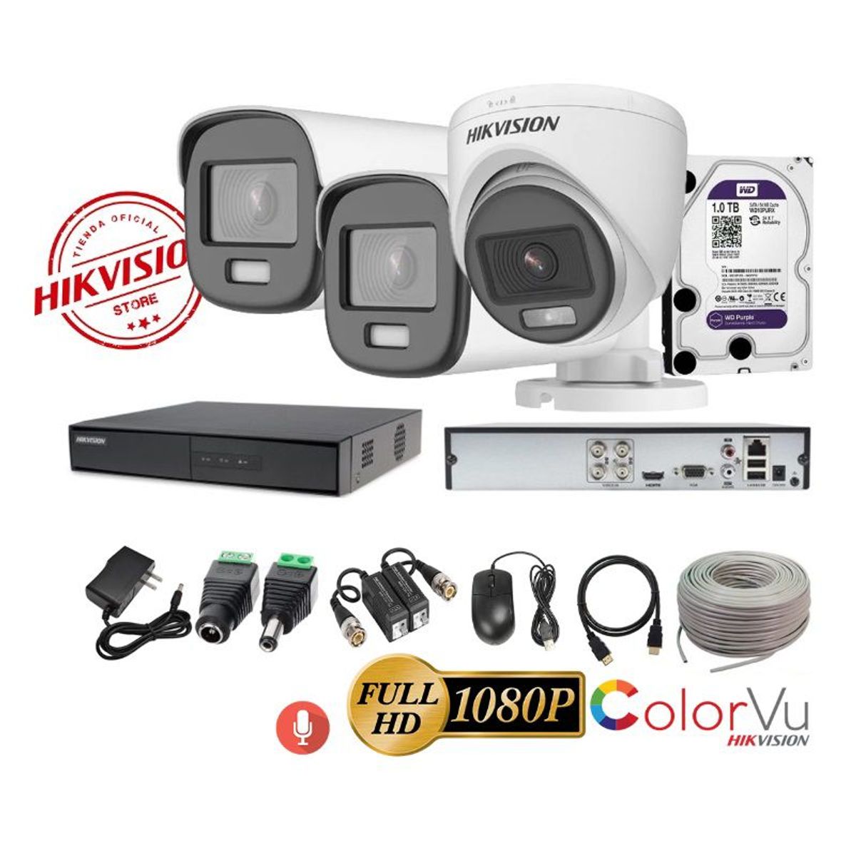 HIKVISION - kit 3 Cámaras Seguridad FULLHD Color VU con AUDIO Hikvision + 1TB + Cable