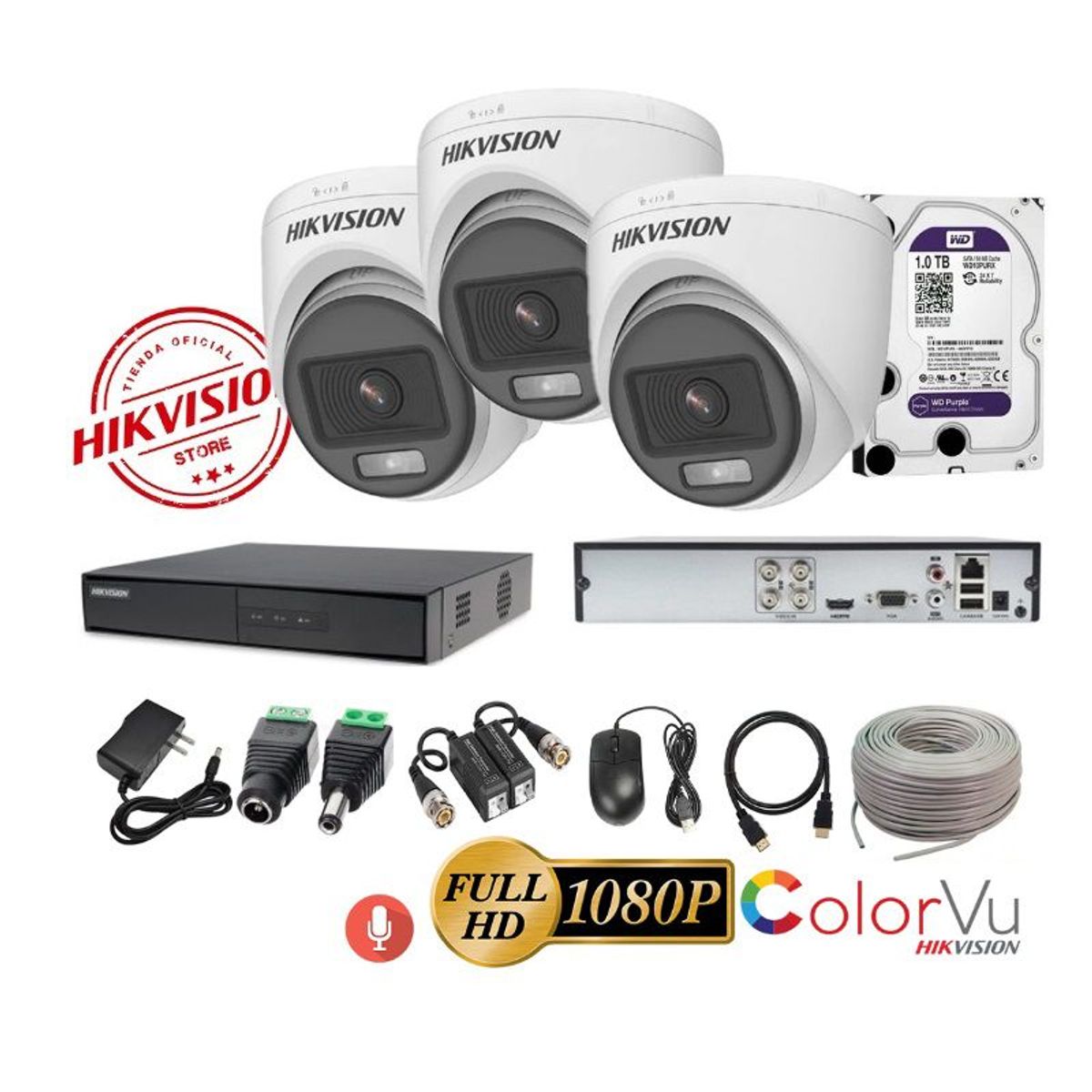 HIKVISION - kit 3 Cámaras Seguridad Domo FULLHD Color VU con AUDIO Hikvision + 1TB + Cable