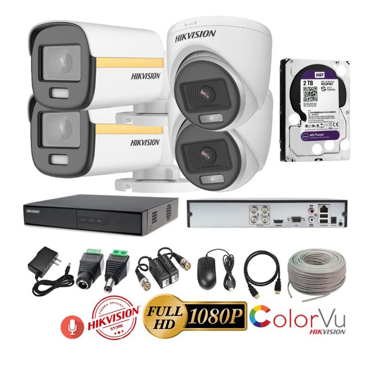 HIKVISION - kit 4 Cámaras Seguridad FULLHD Color VU con AUDIO Hikvision + 2TB + Cable