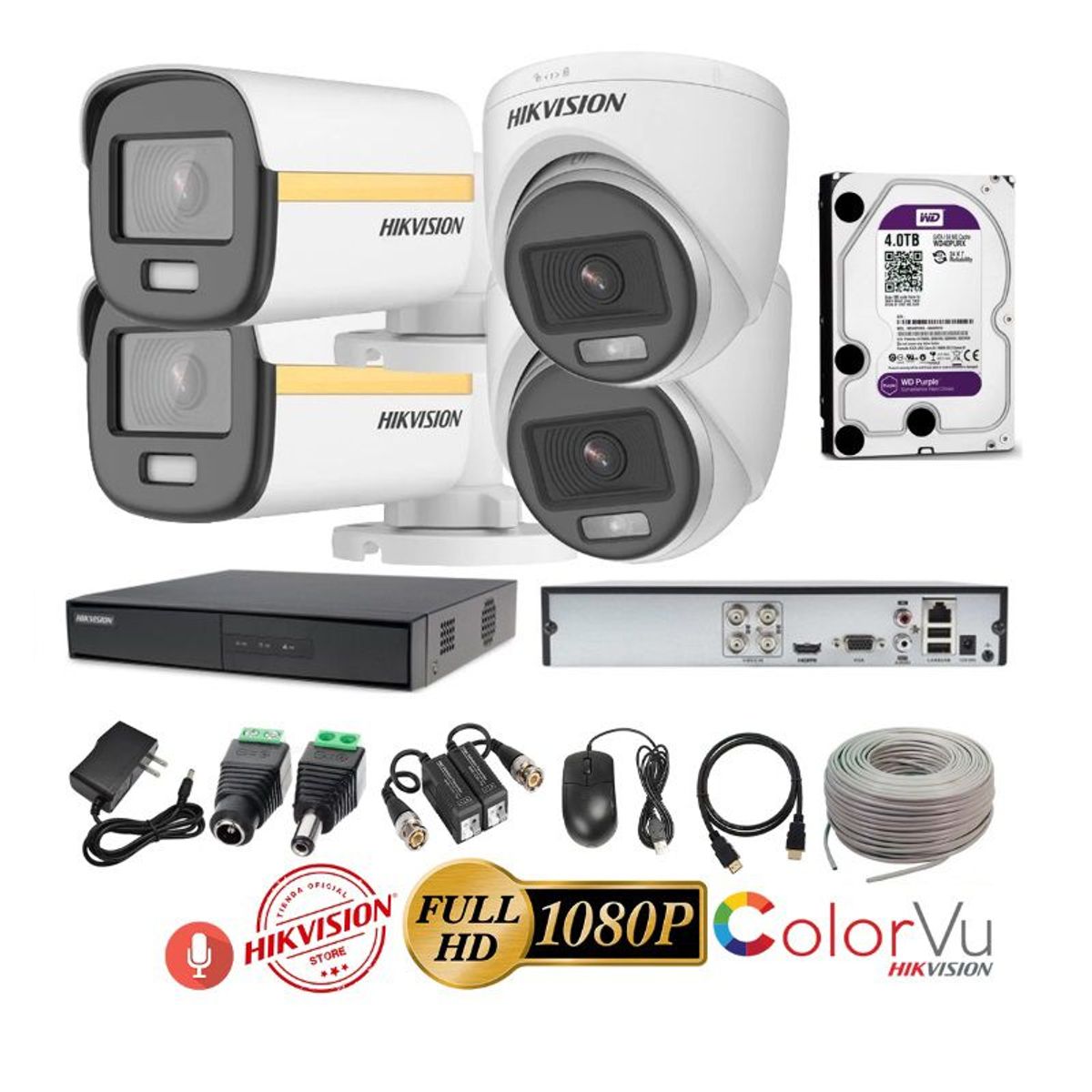 HIKVISION - kit 4 Cámaras Seguridad FULLHD Color VU con AUDIO Hikvision + 4TB + Cable