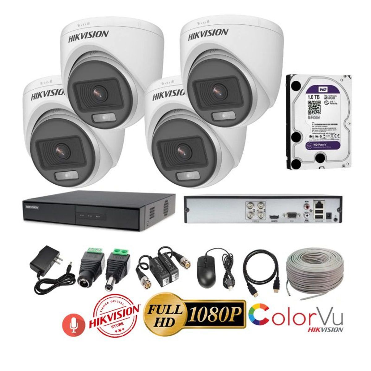 HIKVISION - kit 4 Cámaras Seguridad Domo FULLHD Color VU con AUDIO Hikvision + 1TB + Cable