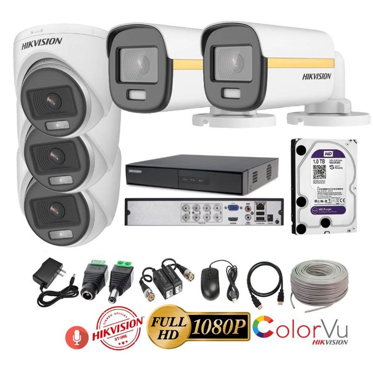 HIKVISION - kit 5 Cámaras Seguridad FULLHD Color VU con AUDIO Hikvision + 1TB + Cable
