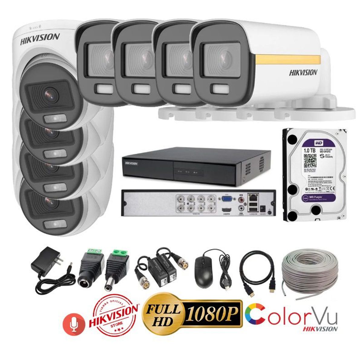 HIKVISION - kit 8 Cámaras Seguridad FULLHD Color VU con AUDIO Hikvision + 1TB + Cable