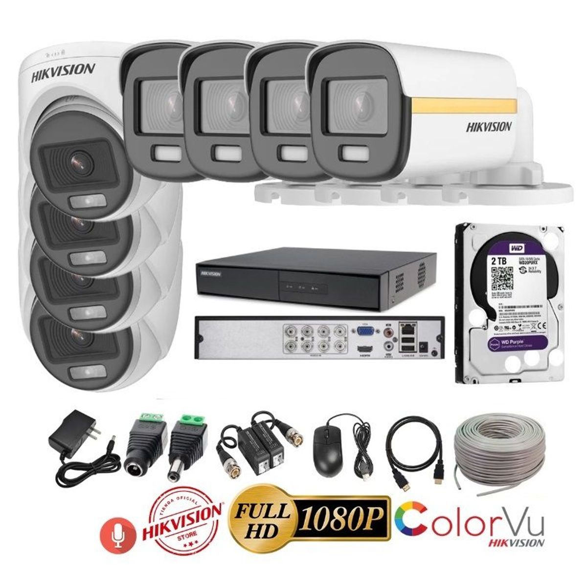 HIKVISION - kit 8 Cámaras Seguridad FULLHD Color VU con AUDIO Hikvision + 2TB + Cable