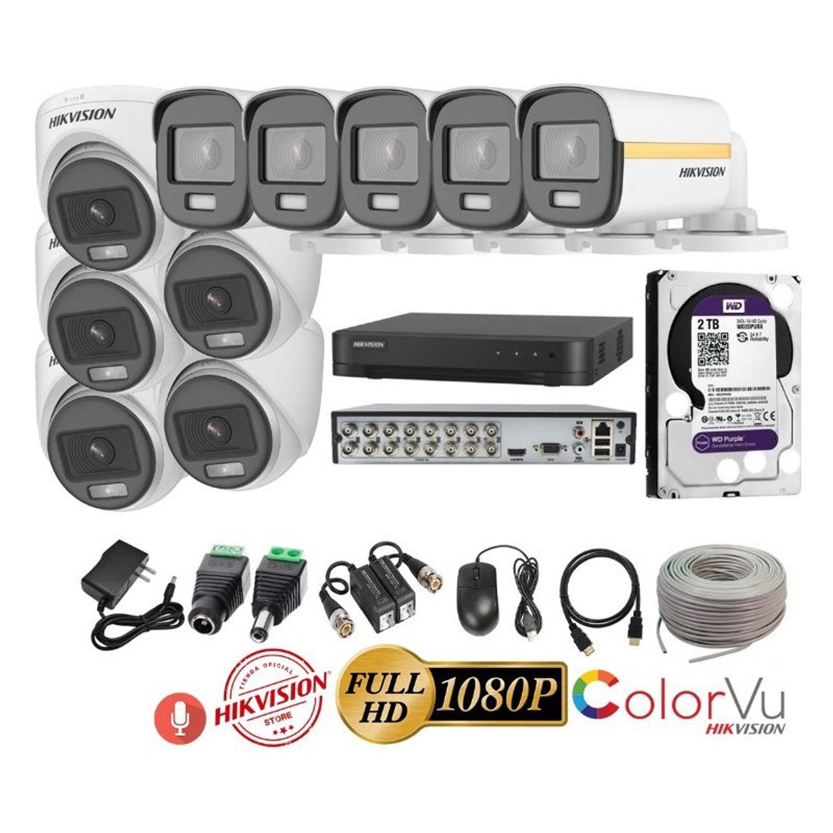 HIKVISION - kit 10 Cámaras Seguridad FULLHD Color VU con AUDIO Hikvision + 2TB + Cable