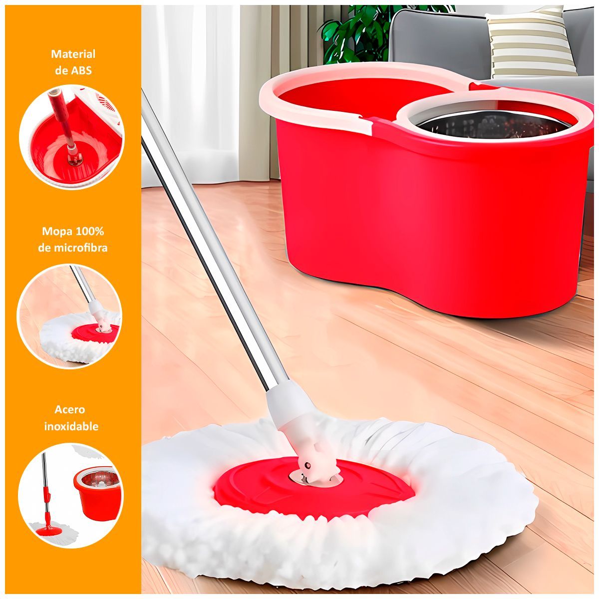 SASARU - Trapeador con Balde Escurridor Giratorio Rojo