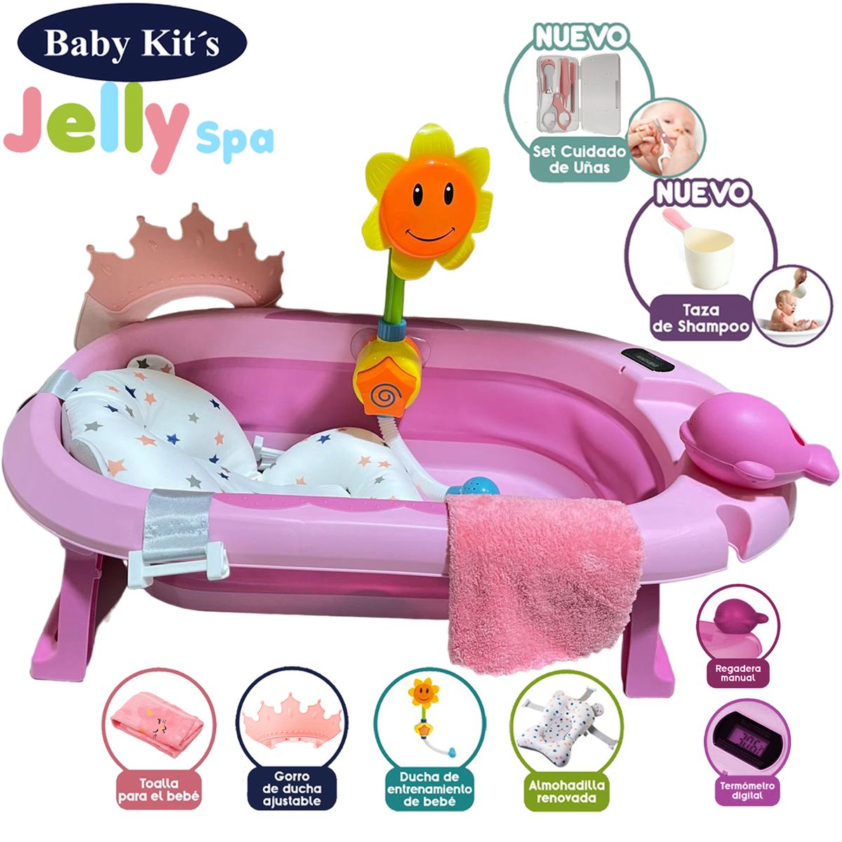 BABY KITS - Tina Bañera Plegable JELLY SPA Con Termómetro Rosado 2025