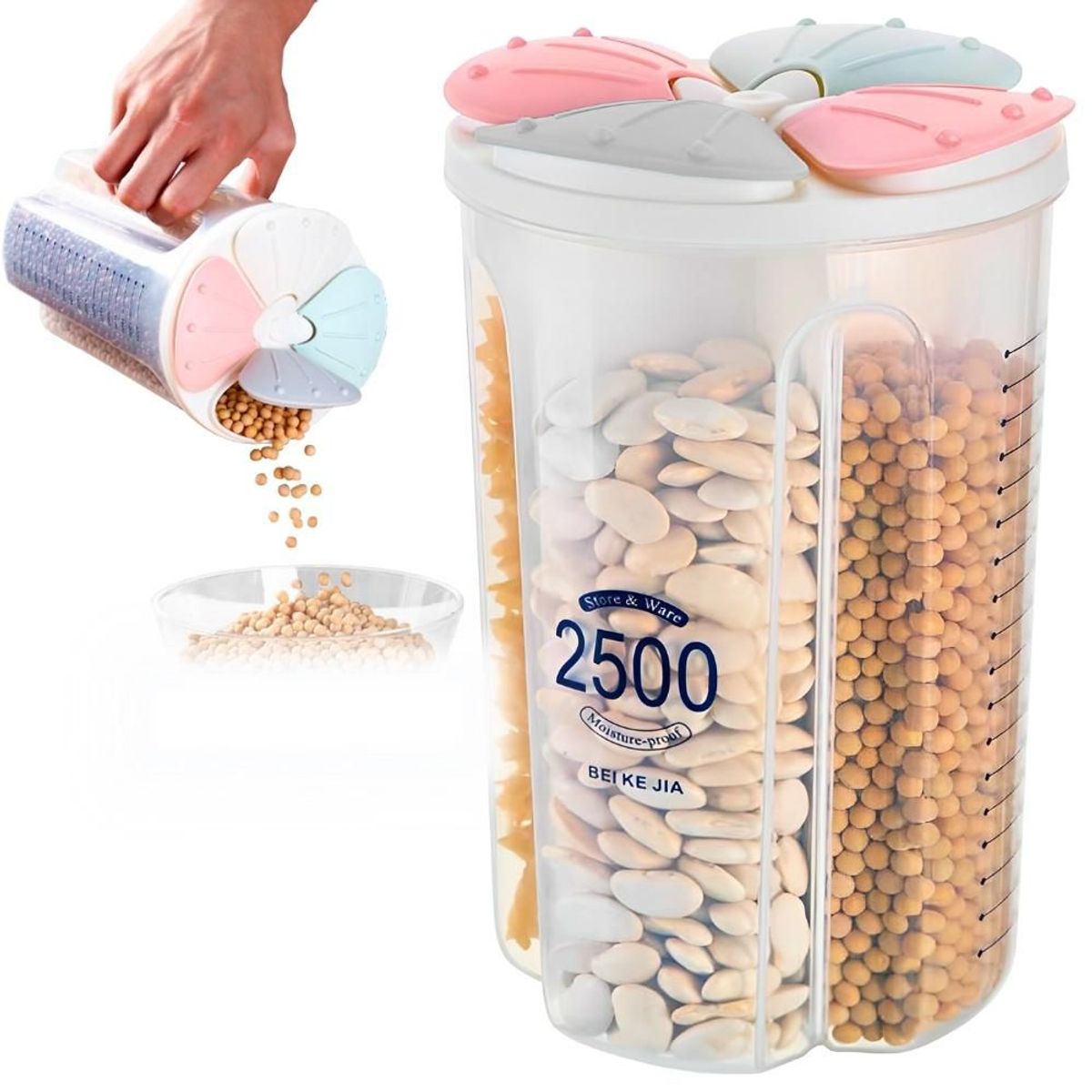 MINARI - Contenedor Dispensador de Cereales Menestras 4 Divisiones 2500ml
