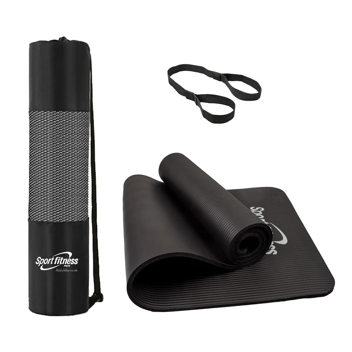 SPORT FITNESS - Colchoneta  mat de yoga 10mm + ligas transportadora + Bolsa - Negro