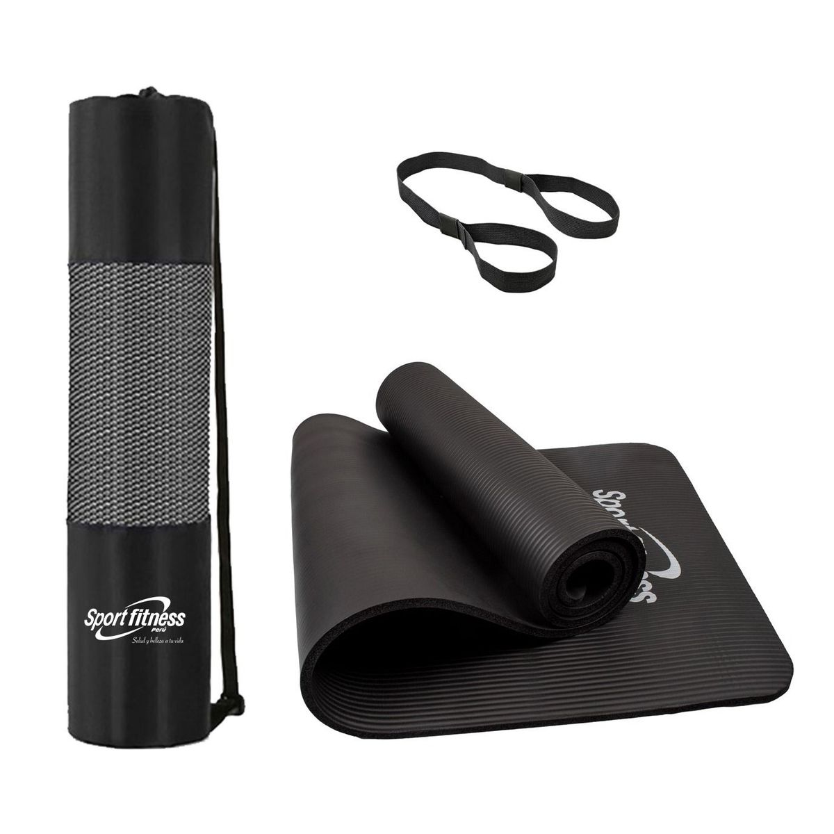 SPORT FITNESS - Colchoneta  mat de yoga 10mm + ligas transportadora + Bolsa - Negro