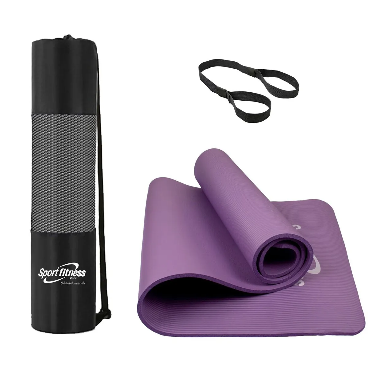 SPORT FITNESS - Colchoneta mat de yoga 10mm + ligas transportadora + Bolsa - Morado