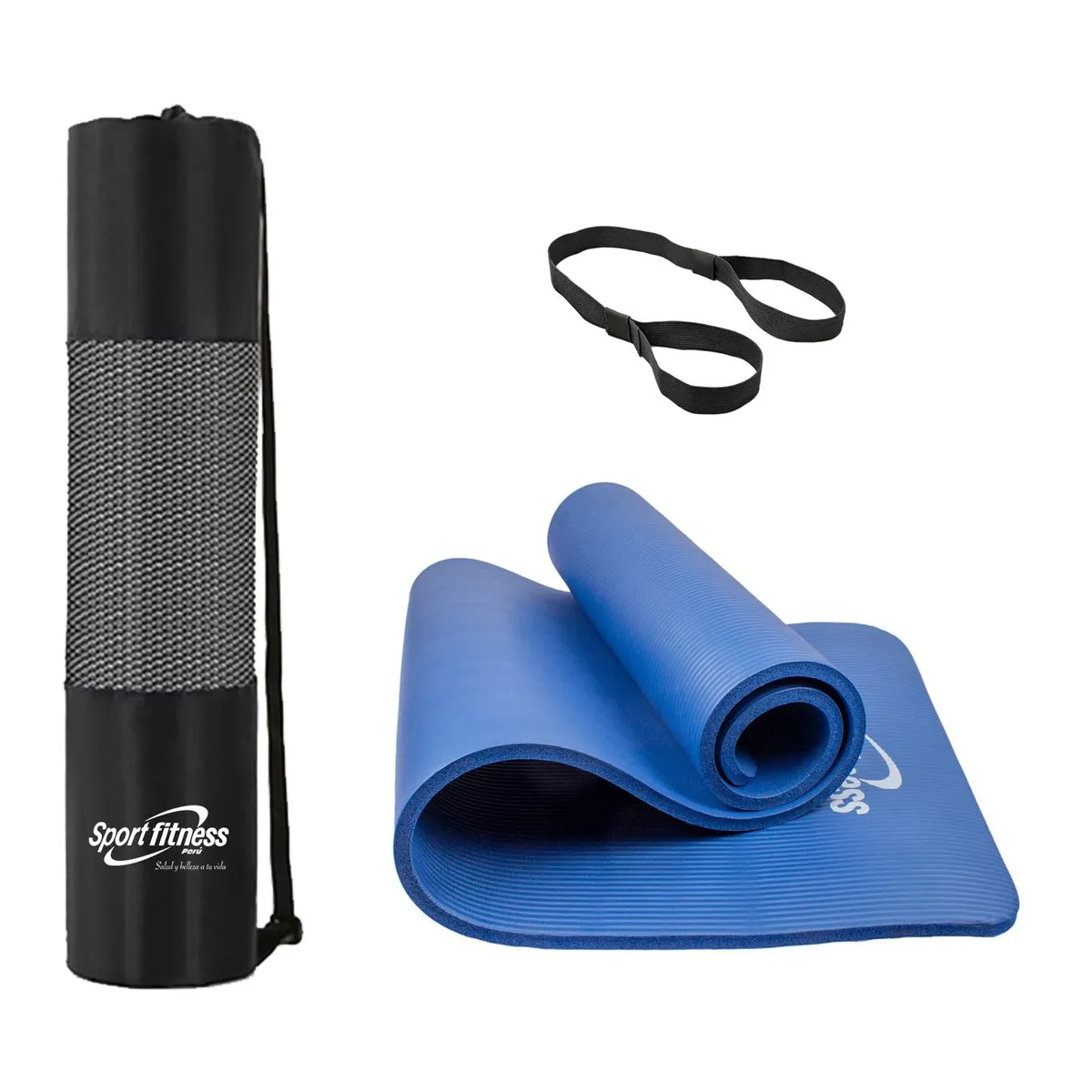 SPORT FITNESS - Colchoneta  mat de yoga 10mm + ligas transportadora + Bolsa transportadora  - Azul