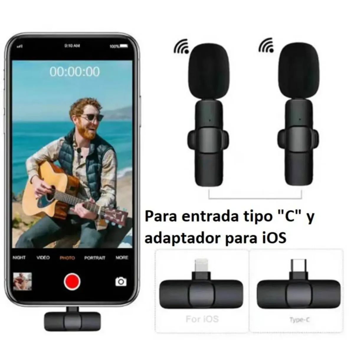 GENERICO - Micrófono inalámbrico hasta 20 m puerto tipo C con adaptador - Negro