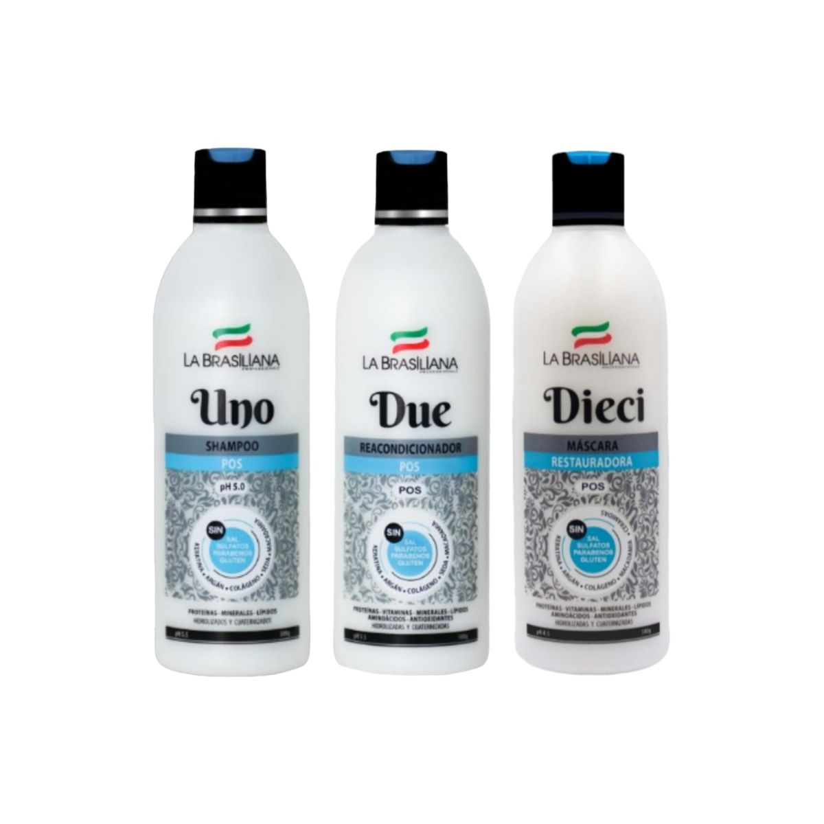 LA BRASILIANA - Kit Post Alisado - Shampoo + Reacondicionador + Máscara DIECI Sin SAL