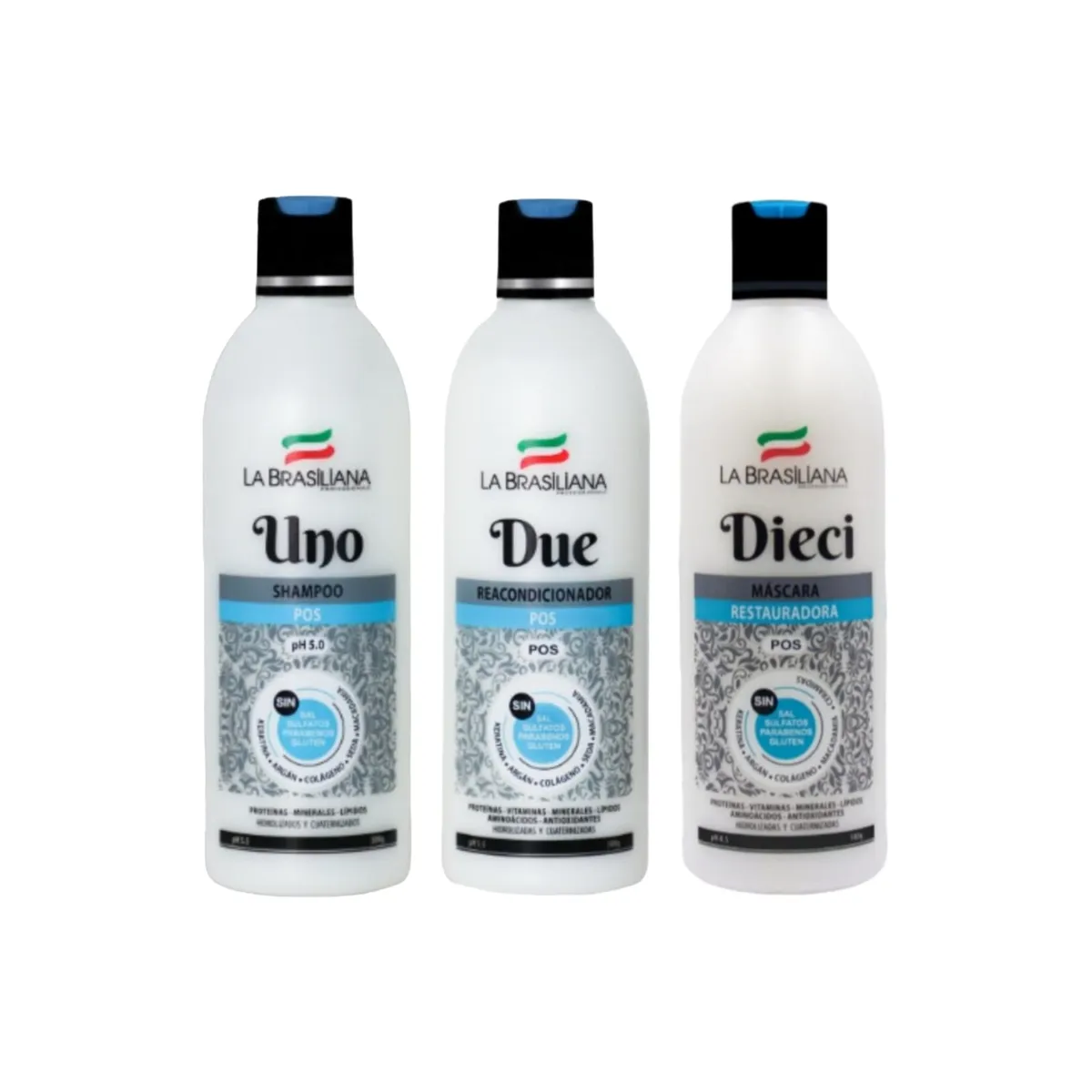 LA BRASILIANA - Kit Post Alisado - Shampoo + Reacondicionador + Máscara DIECI Sin SAL