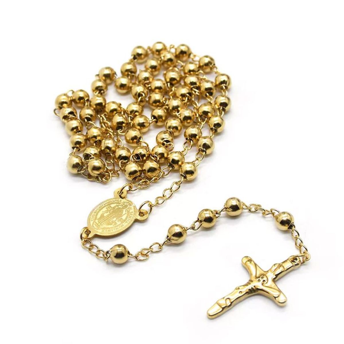 GENERICO - Collar Rosario de Acero Inoxidable Baño de oro