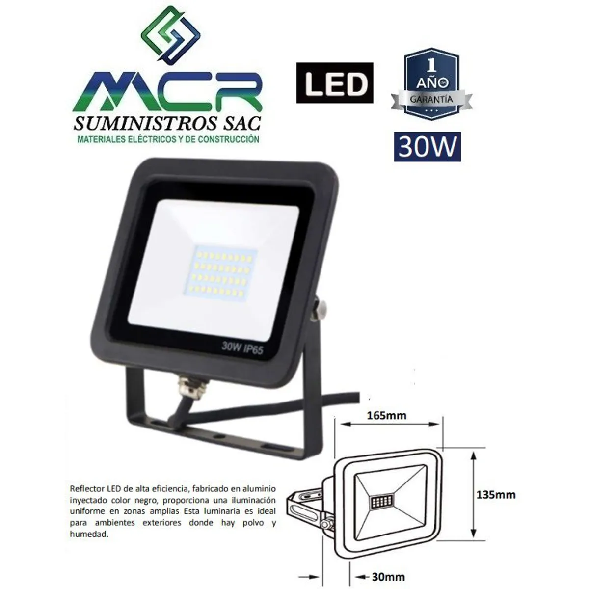 GENERICO - REFLECTOR LED 30W LUZ CALIDO 3000K IP65 220V