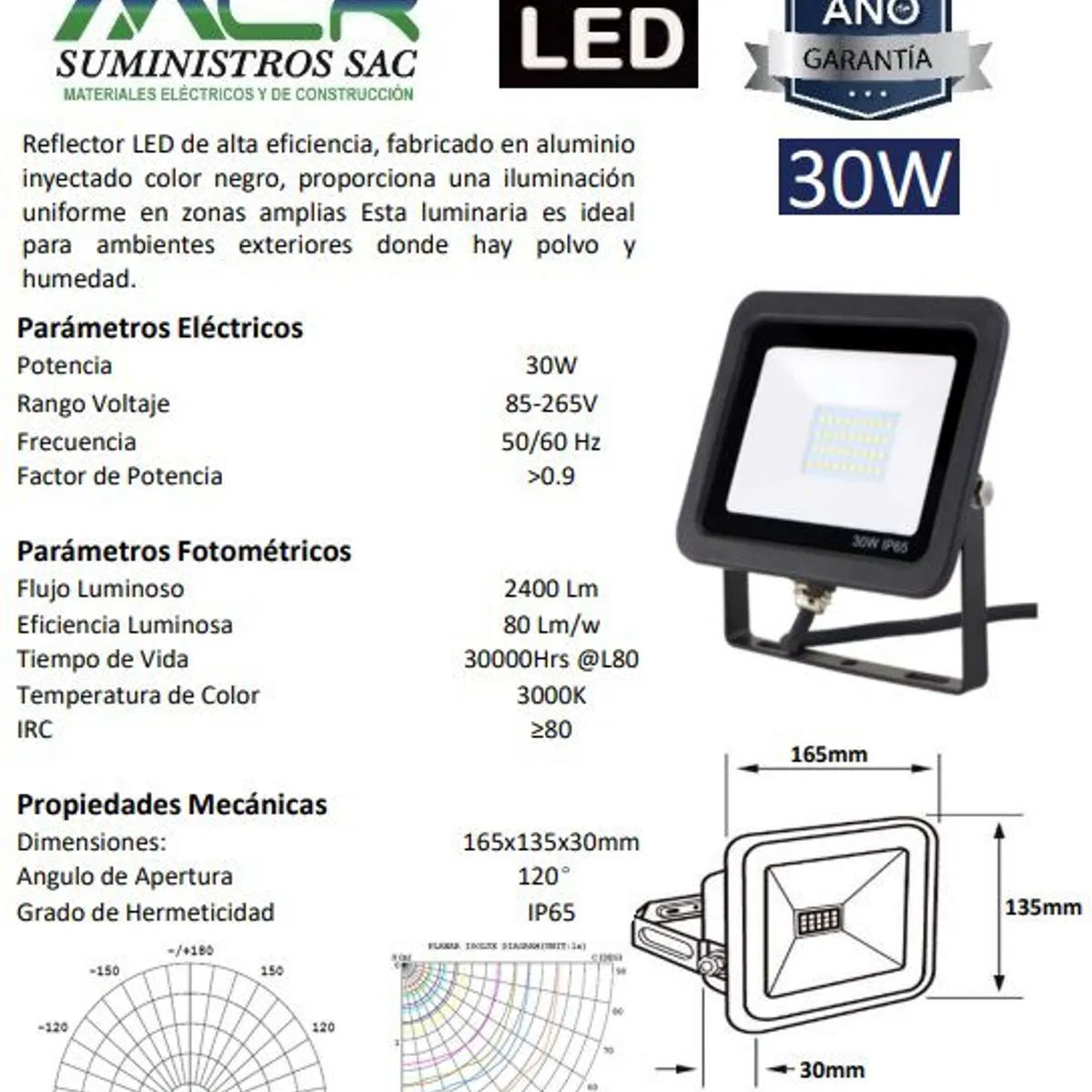 GENERICO - REFLECTOR LED 30W LUZ CALIDO 3000K IP65 220V