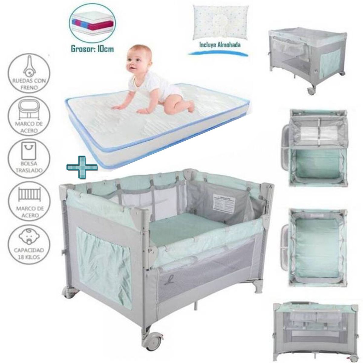 INFANTI - Cuna corral Always TOGETHER Menta +Colchón