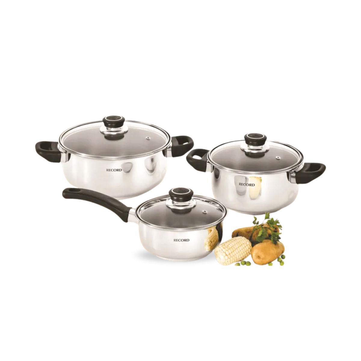 RECORD - Juego de Ollas 6 Piezas Acero Inoxidable con Tapa de Vidrio Record