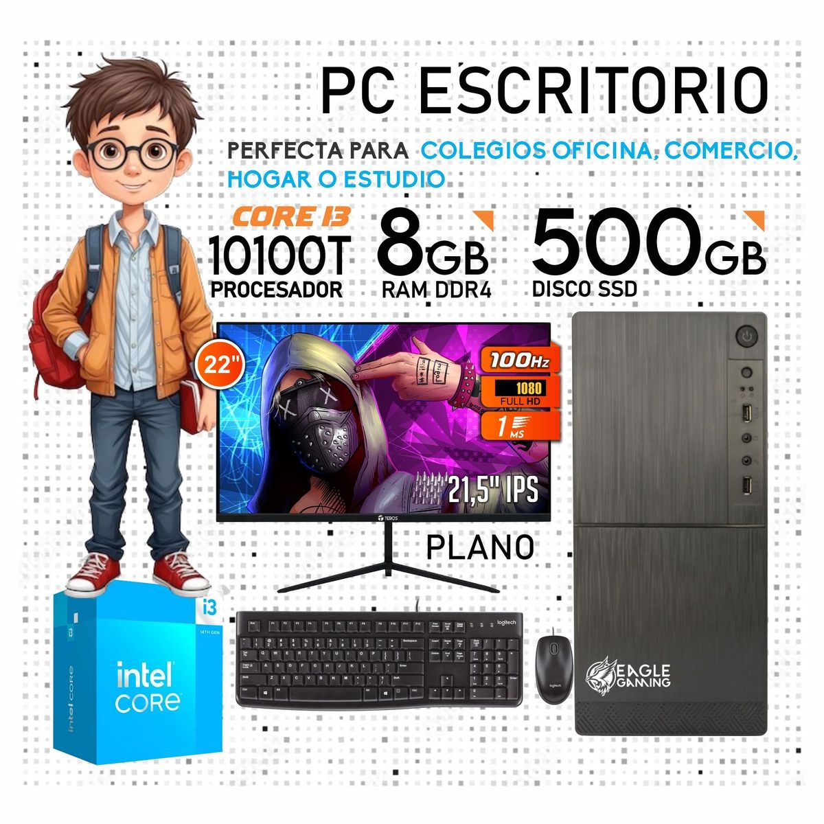 INTEL - PC COMPUTADORA INTEL CORE I3 10100T 10GEN RAM 8GB SSD 500GB  MONITOR 21,5”
