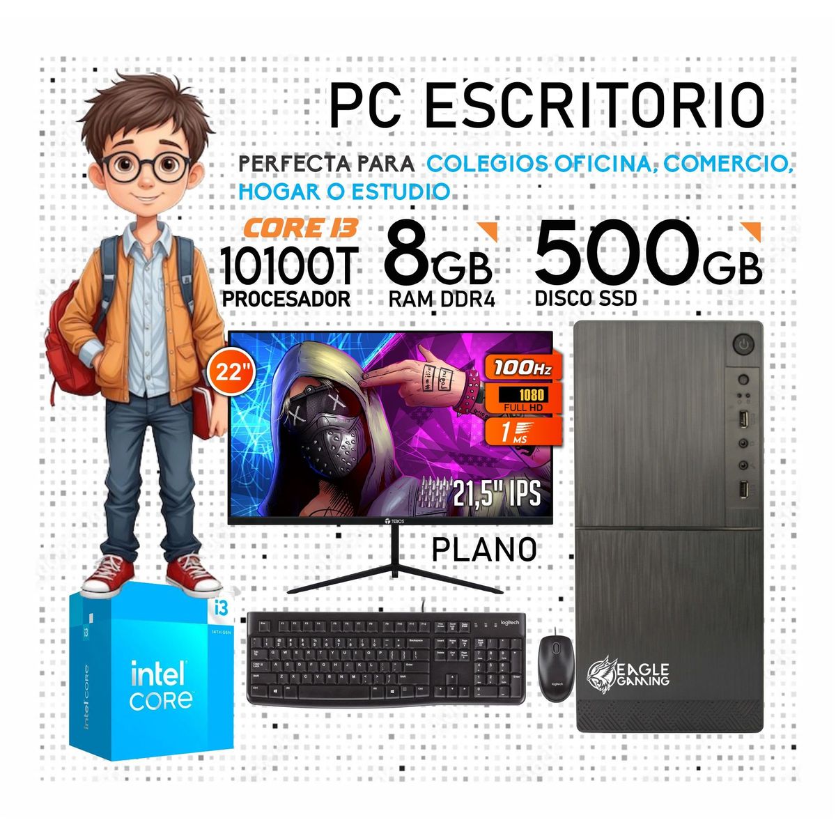 INTEL - PC COMPUTADORA INTEL CORE I3 10100T 10GEN RAM 8GB SSD 500GB  MONITOR 21,5”