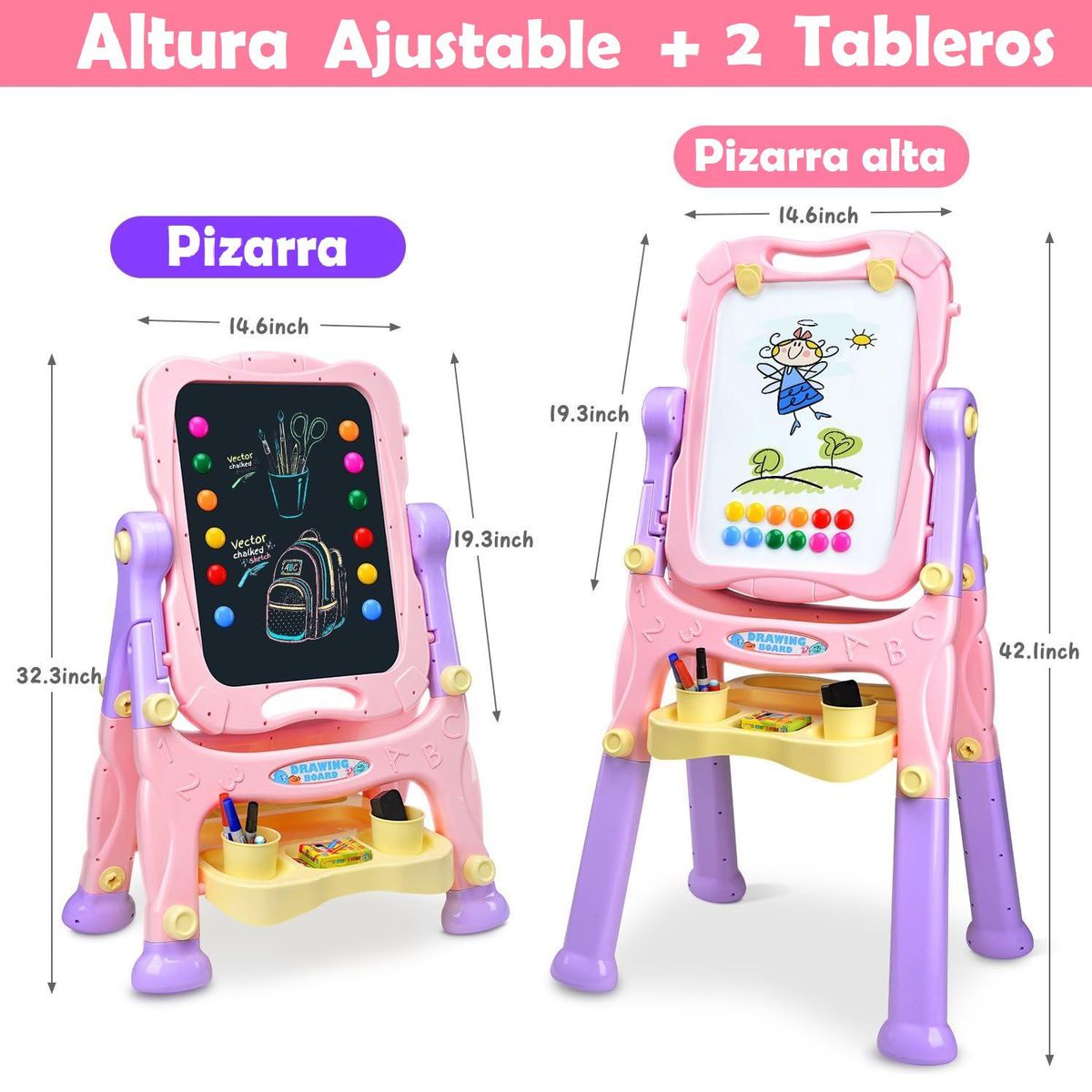 GENERICO - Pizarra con Altura Ajustable Doble Cara Niñas Rosado