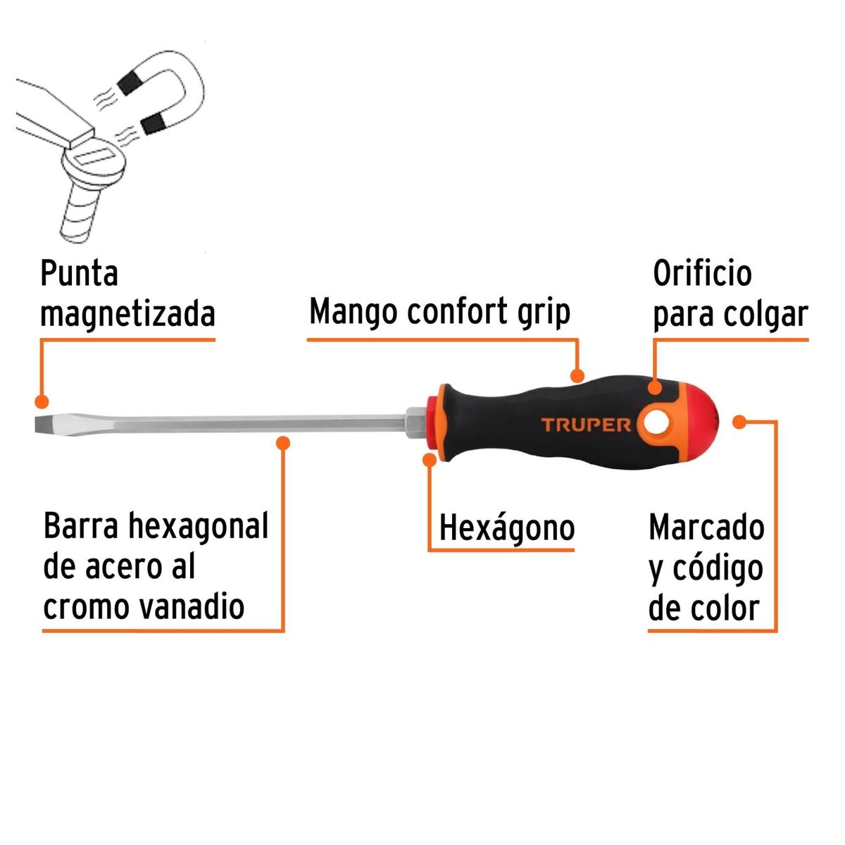 TRUPER - Desarmador plano 1 /4"  x 6 " mango Comfort Grip Truper