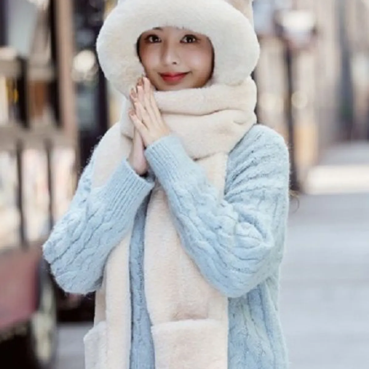 GENERICO - Gorro Bufanda Manopla Kawaii Gato 3 en 1 BLANCO