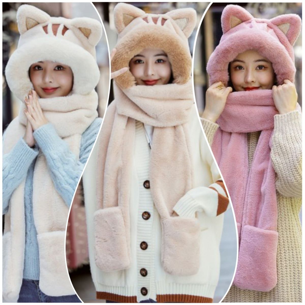 GENERICO - Gorro Bufanda Manopla Kawaii Gato 3 en 1 BLANCO