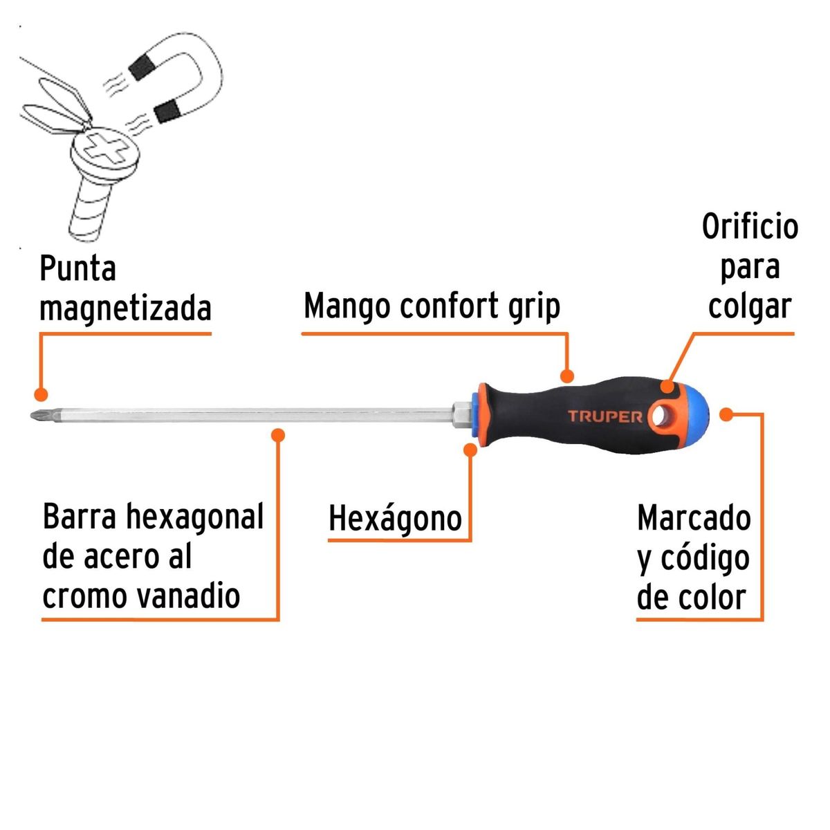 TRUPER - Desarmador de cruz 1 /4" x 8" mango Comfort Grip Truper
