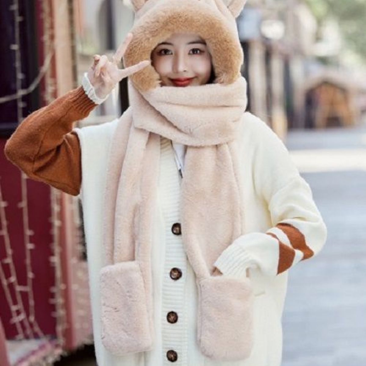 GENERICO - Gorro Bufanda Manopla Kawaii Gato 3 en 1 BEIGE