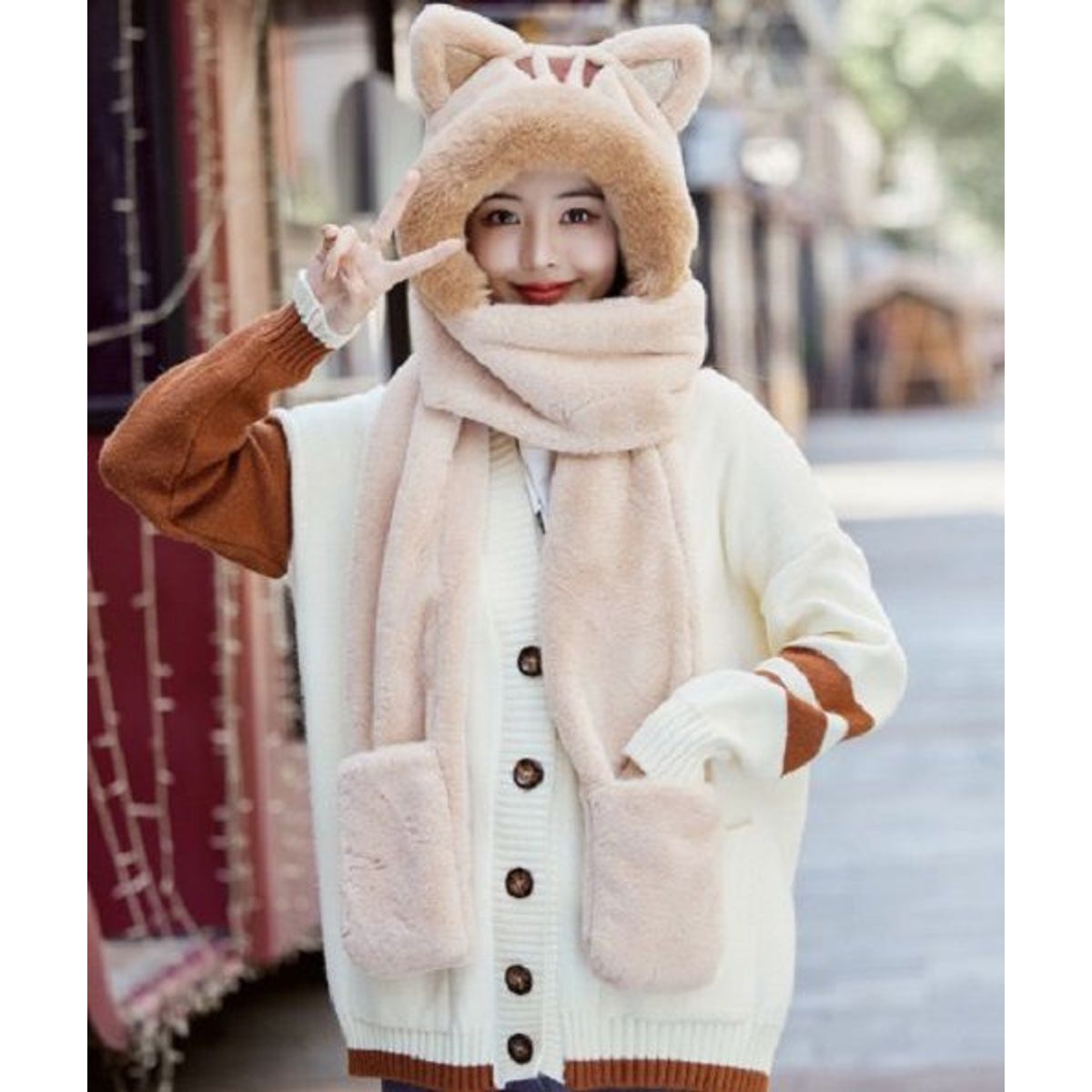 GENERICO - Gorro Bufanda Manopla Kawaii Gato 3 en 1 BEIGE