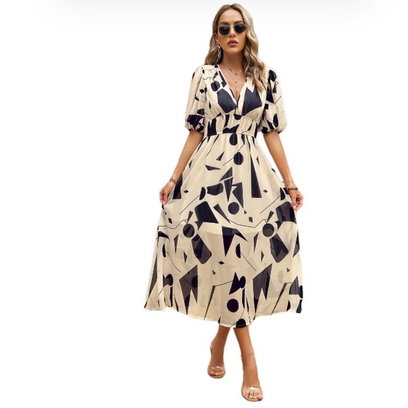 BLWOENS - Vestido Midi Blwoens Mujer - Cuello En V Y Diseño Abstracto