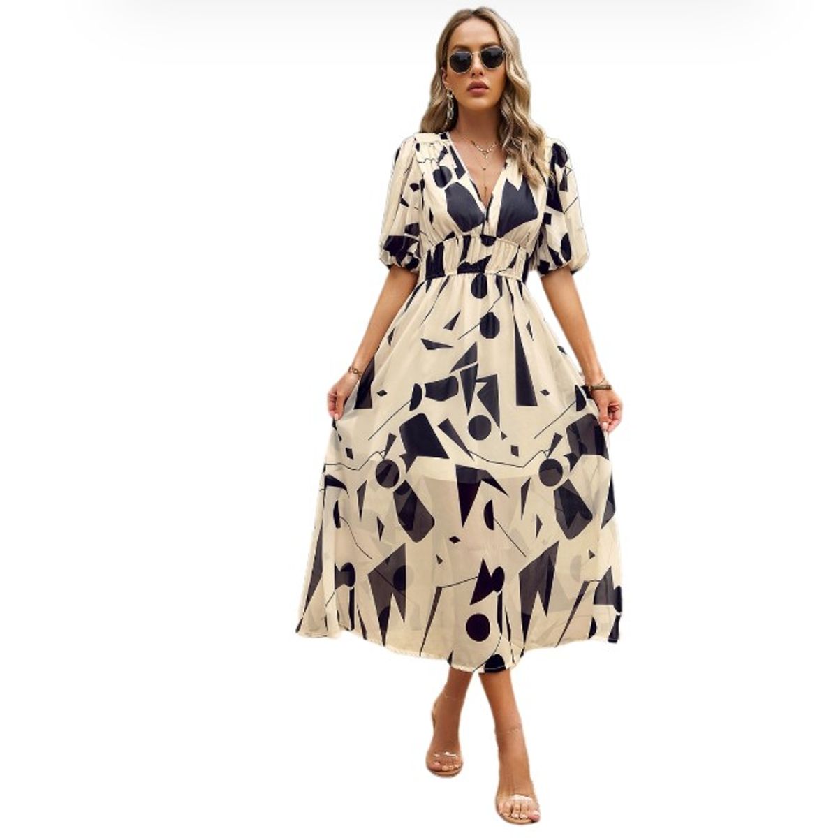 BLWOENS - Vestido Midi Blwoens Mujer - Cuello En V Y Diseño Abstracto
