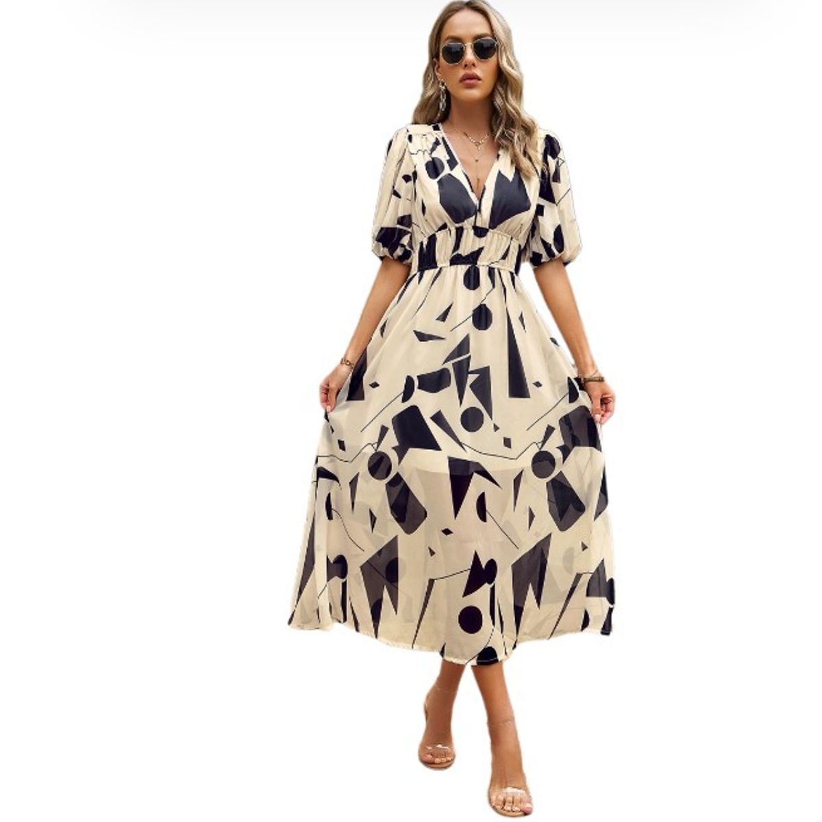 BLWOENS - Vestido Midi Blwoens Mujer - Cuello En V Y Diseño Abstracto