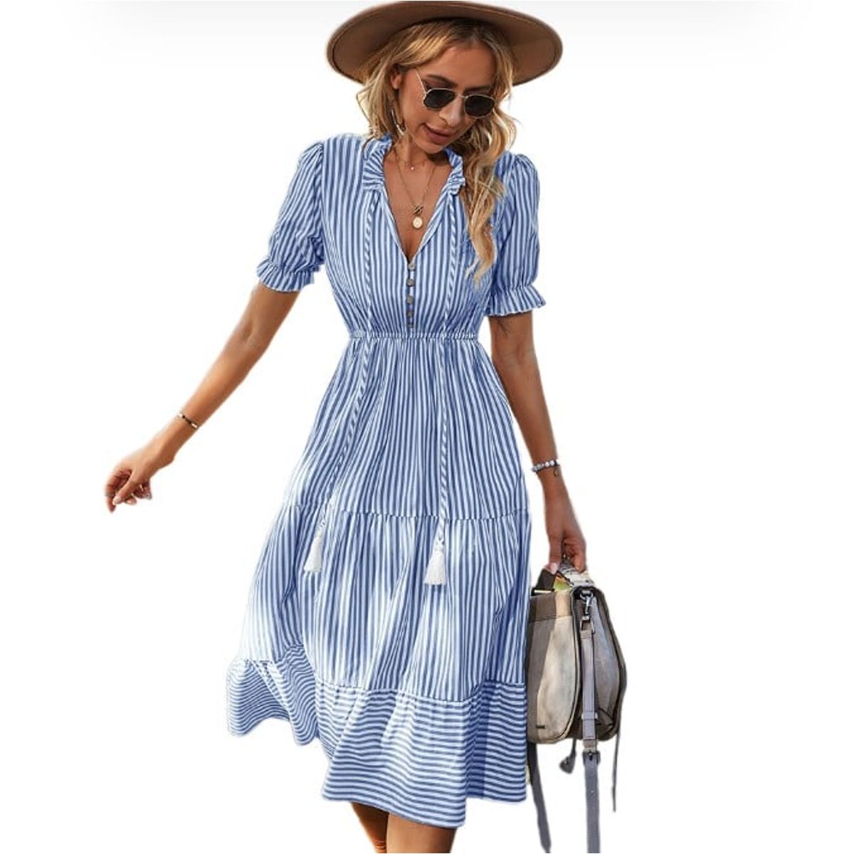 BLWOENS - Vestido Midi Blwoens Mujer: Rayas Cuello En V Casual