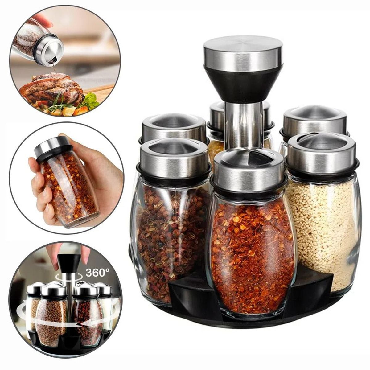 OEM - Especiero Condimentero Giratorio Set 6 Frascos Acero Cocina