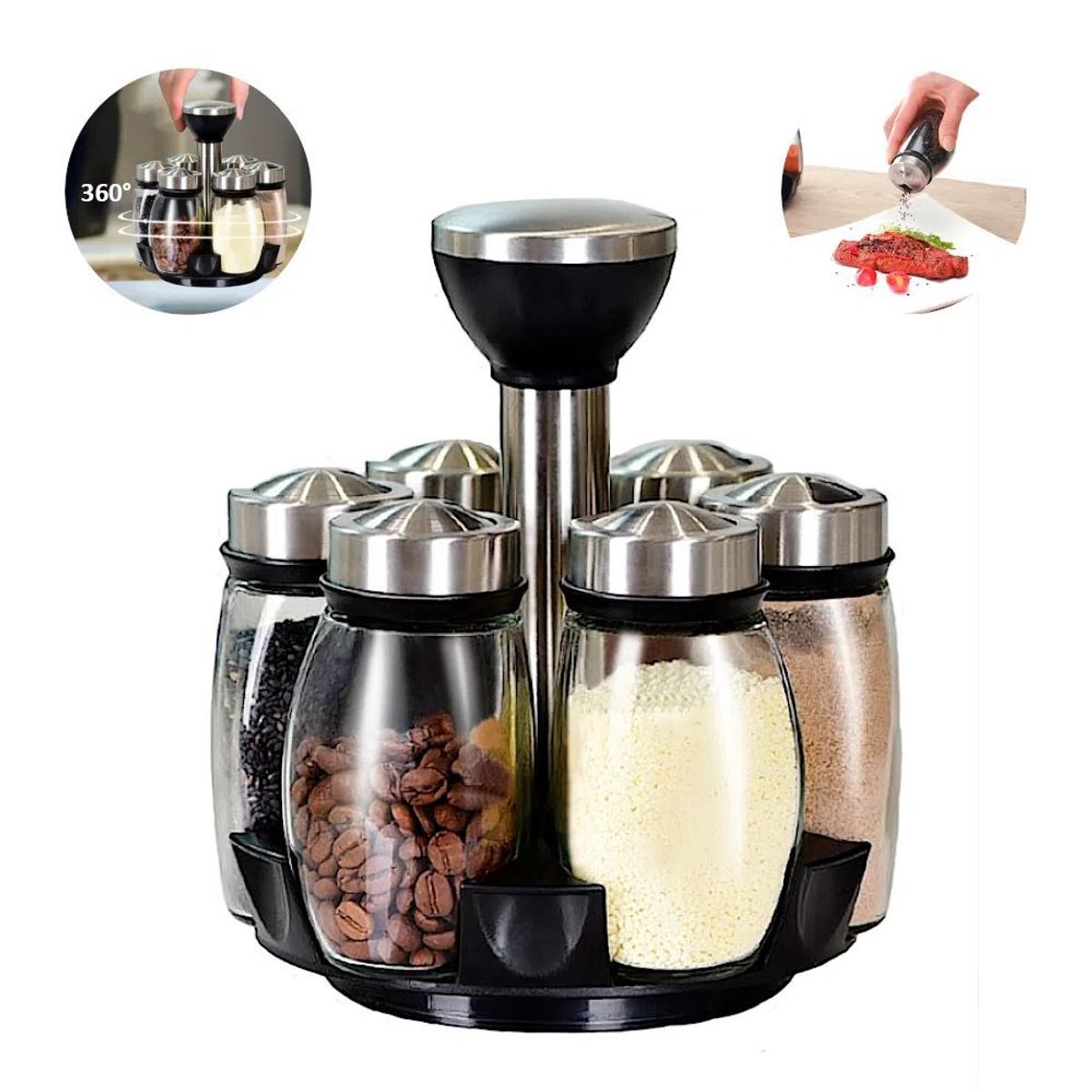 OEM - Especiero Condimentero Giratorio Set 6 Frascos Acero Cocina