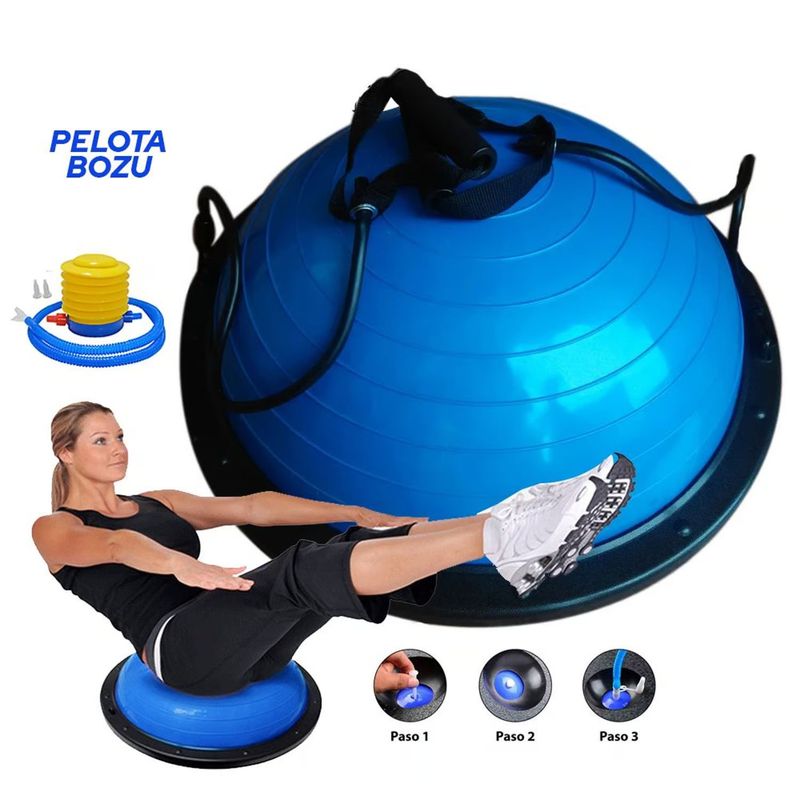 SPORT FITNESS - Pelota bosu equilibrio fitness 65 cm+ligas de ejercicio - AZUL