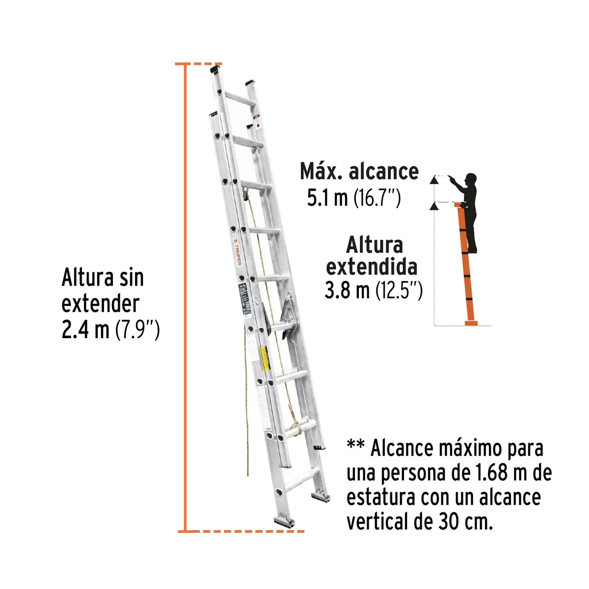 TRUPER - Escalera Telescopica 16 Peldaños capacidad de Carga 150 Kg Truper