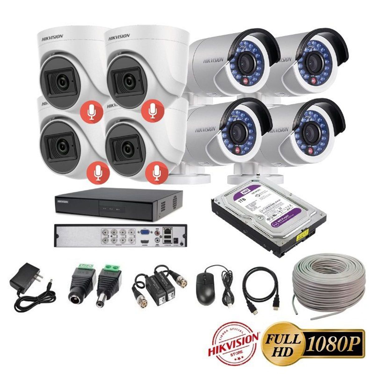 HIKVISION - kit 8 Cámaras Seguridad FULLHD Hikvision + 1TB + AUDIO + Cable